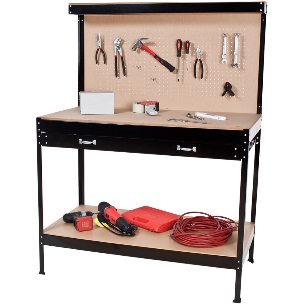 tectake 2 Shelf Single Drawer Black Workbench with Pegboard Image 4