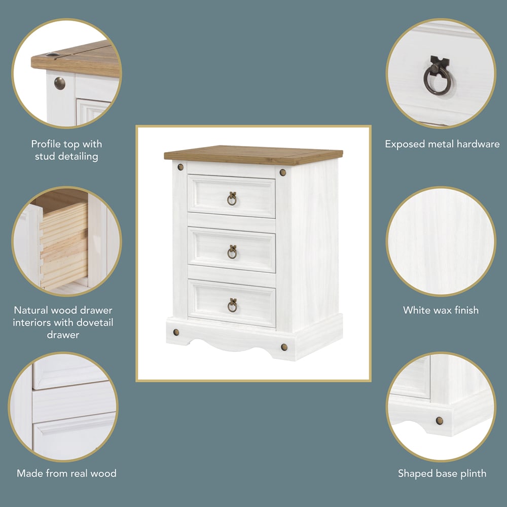 Core Products Corona 3 Drawer White Bedside Cabinet Image 7