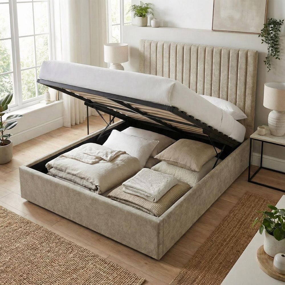 FWStyle Sollom King Size Beige Sand Upholstered Lift-Up Ottoman Bed Frame with Ribbed Headboard Image 2