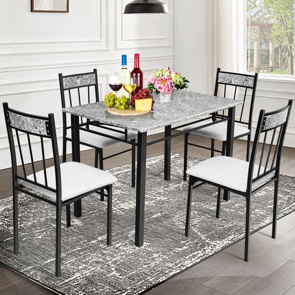 Costway 4 Seater Marble Dining Set Grey with Sponge Cushion Image 1