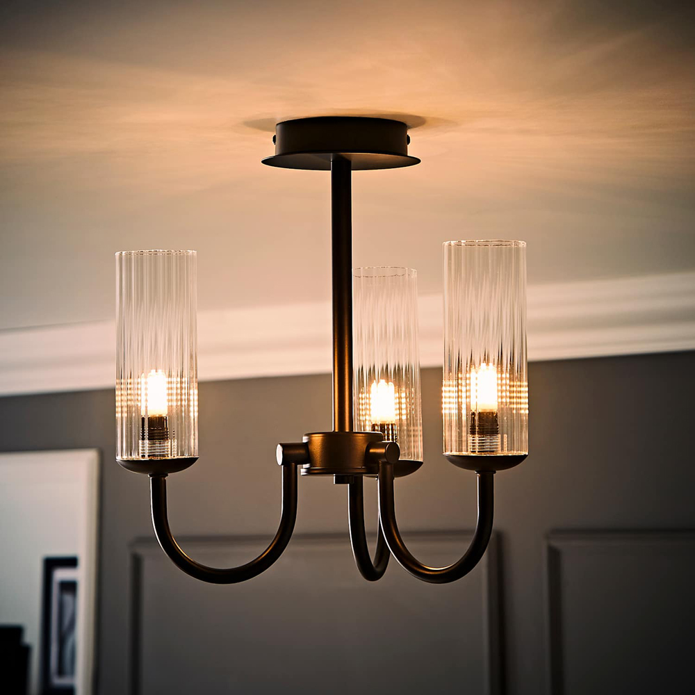 ValueLights Canya Clear Ribbed Shades 3 Way Matte Black Ceiling Light Chandelier with Bulbs Image 2