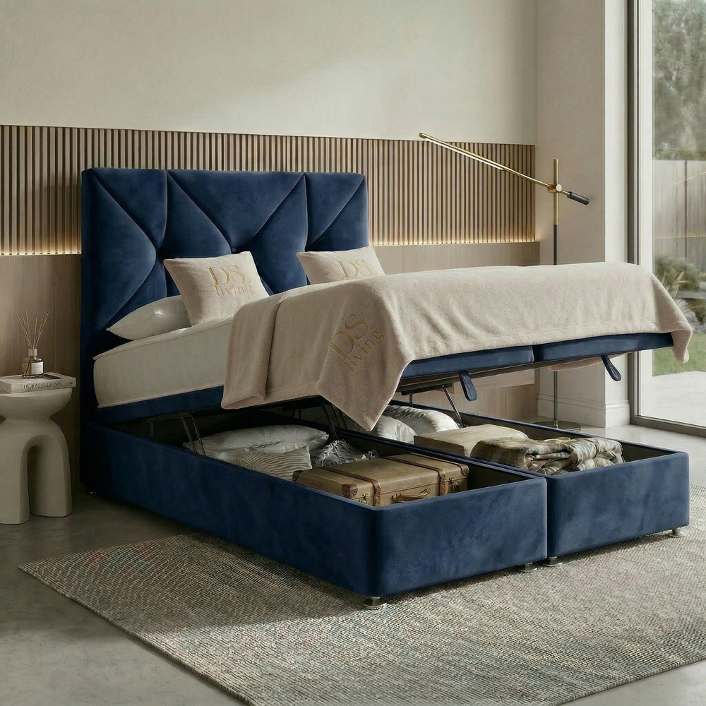 DS Living Eclipse Super King Size Dark Blue Plush Velvet Ottoman Bed Image 2
