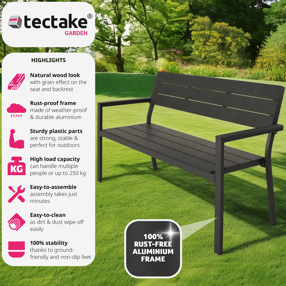 tectake 2 Seater Dark Grey Garden Bench Image 3