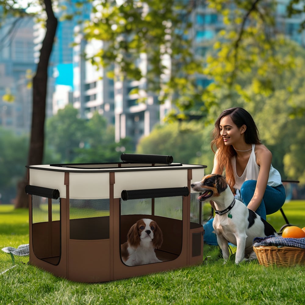 PawHut Brown Portable Small Animal Playpen Medium Image 2