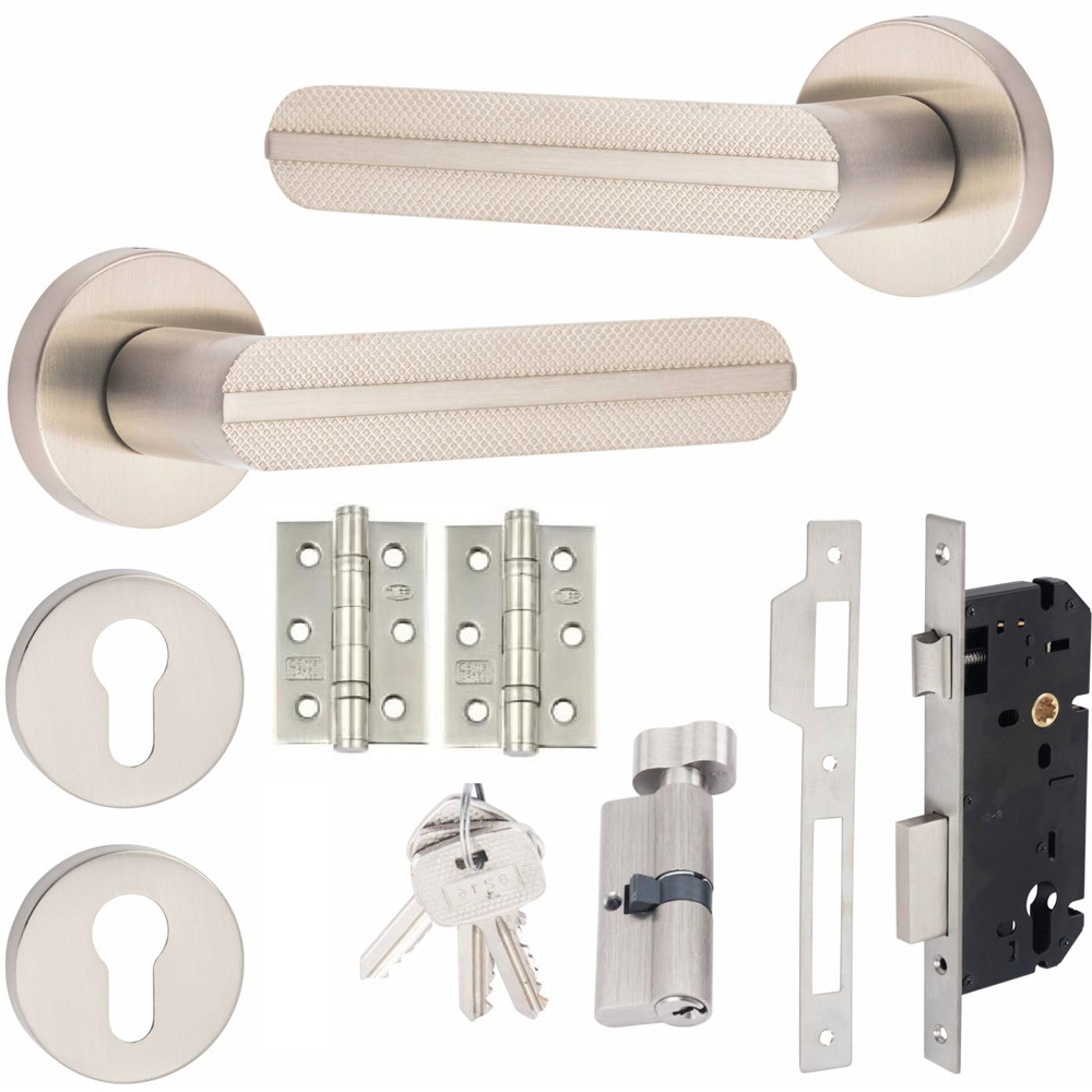 Golden Grace Satin Nickel Modern Lima Knurled Euro Lock Door Handle Set 70mm Image 1