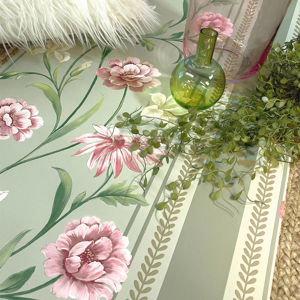 Belgravia Decor Raya Floral Stripe Sage and Pink Wallpaper Image 3