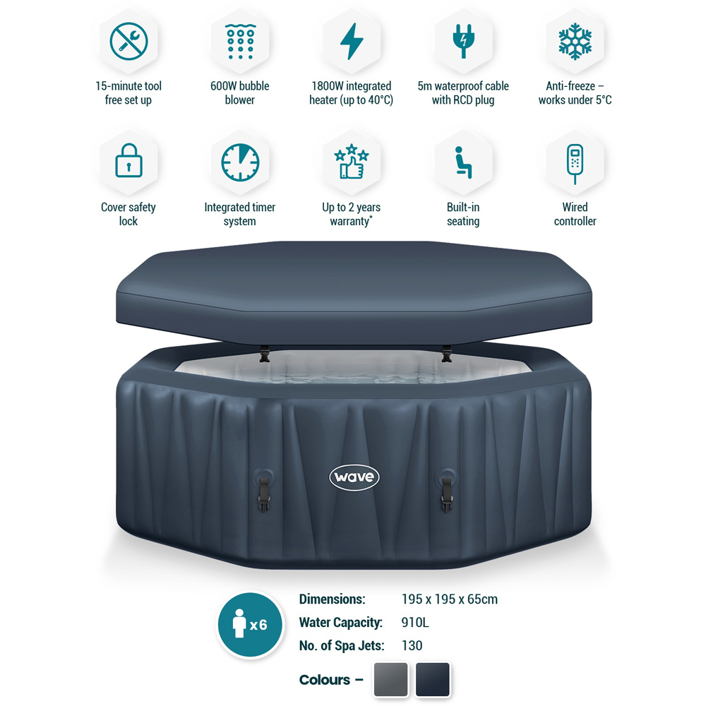 Wave Aegean 6 Person Navy Octagonal Inflatable Hot Tub with EnergySave Bundle Image 6
