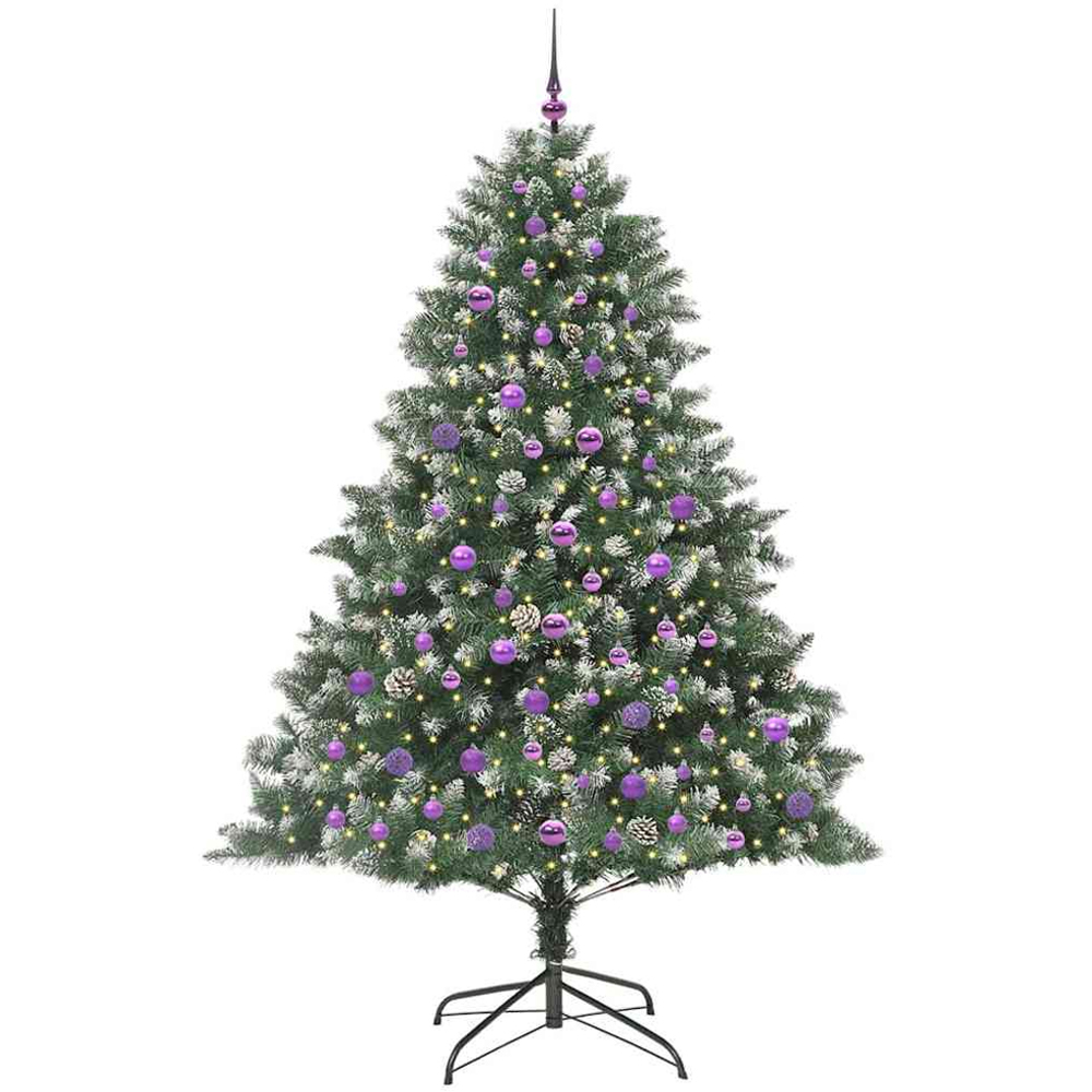 vidaXL Pre-Lit Lilac Baubles Green Artificial Snow Tipped Christmas Tree 7ft Image 1