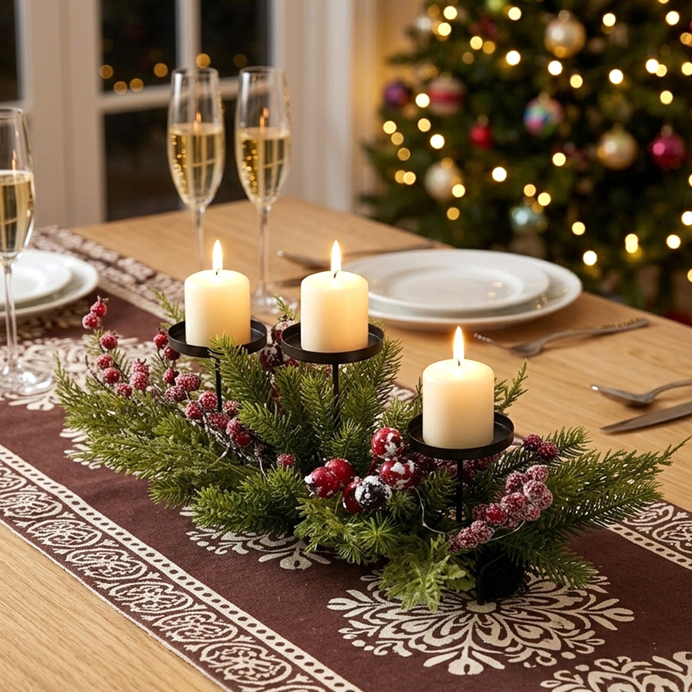 Living and Home Christmas LED 3 Head Candle Holder with Snow Flocked Berries Image 2