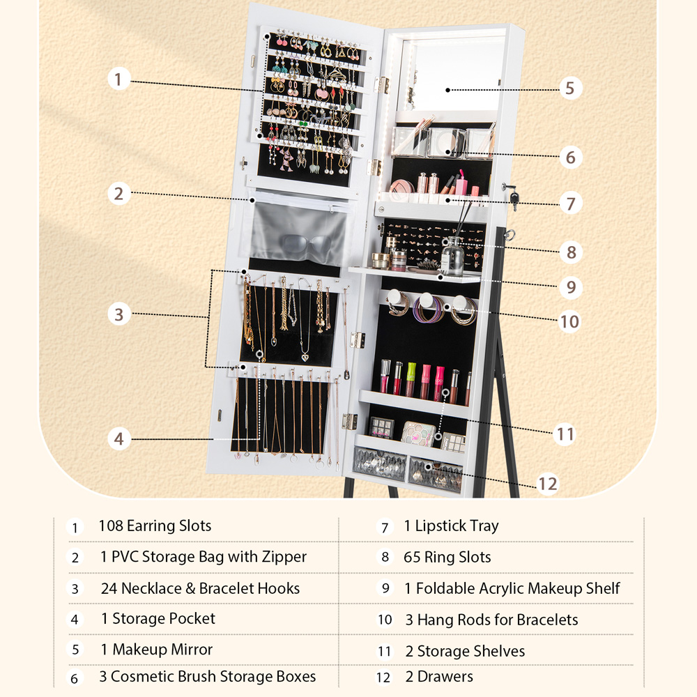 Costway Single Shelf White LED Lockable Floor Jewellery Armoire Image 6