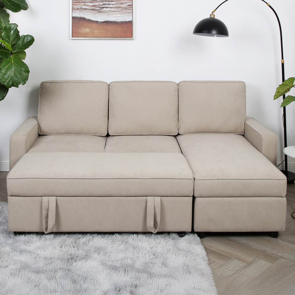 Selene Double Sleeper Beige Linen Corner Sofa Bed Image 1