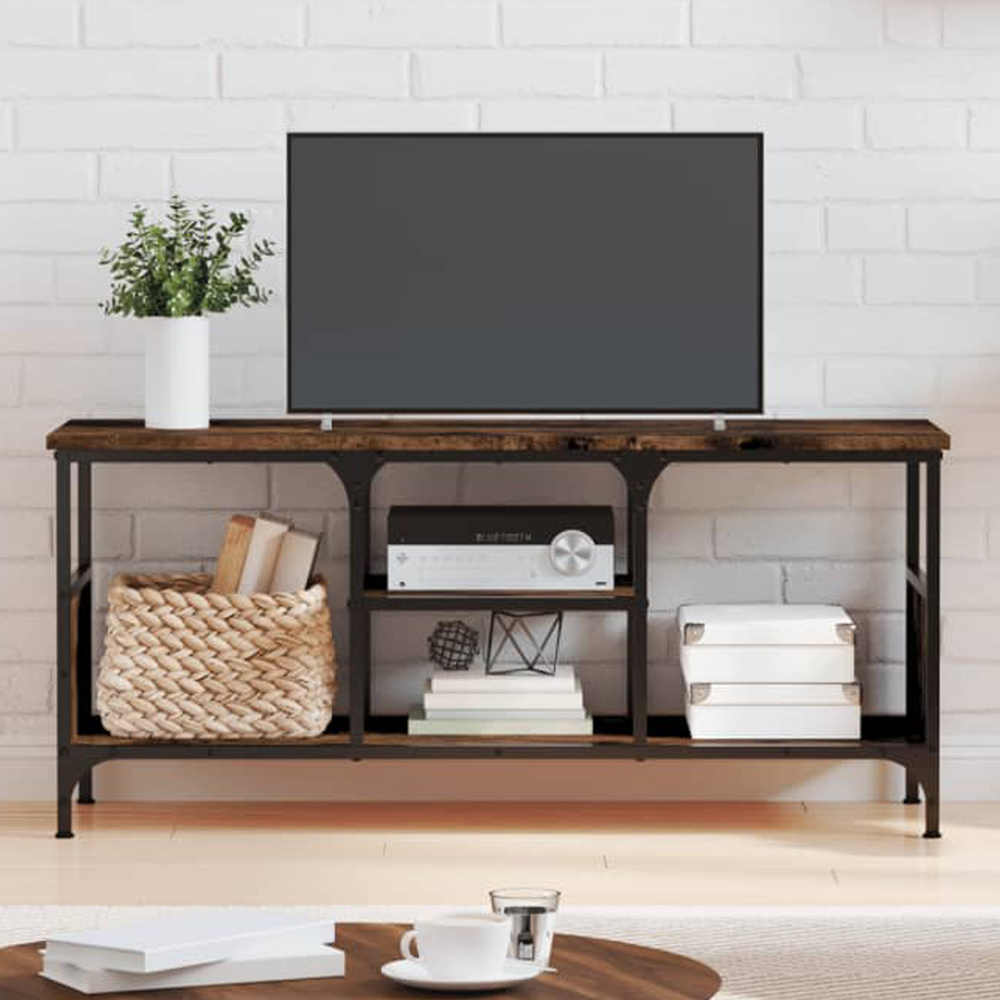 vidaXL 4 Shelf Smoked Oak Processed Wood and Iron TV Cabinet Image 1