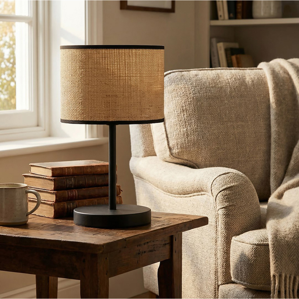 Emibig Eco Rattan Cylindrical Shade Black E27 Table Lamp Image 4