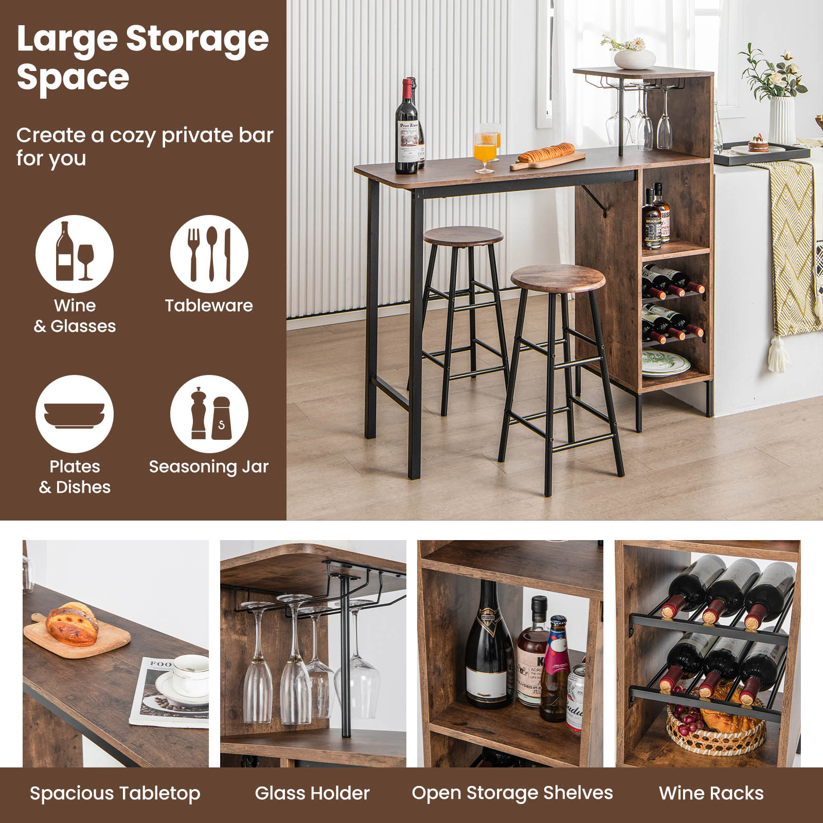 Costway 2 Seater Counter Height Dining Set Dark Brown Image 7