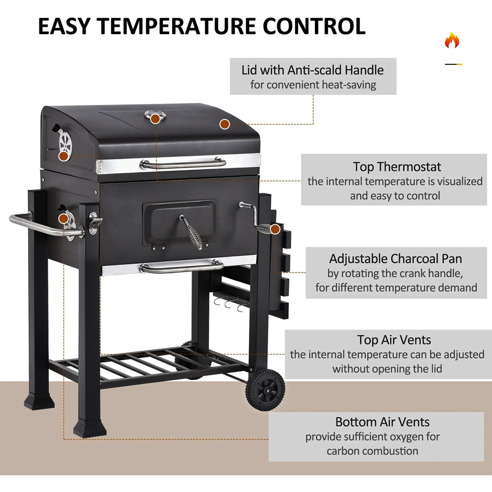 Living and Home Black Charcoal BBQ Grill with Portable Trolley Image 7