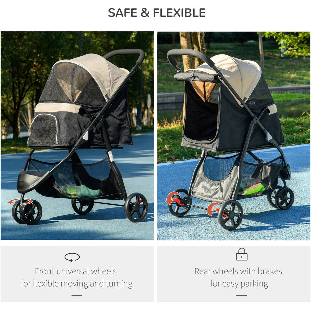 PawHut 3 Wheel Pet Stroller with Rain Cover Khaki Image 5