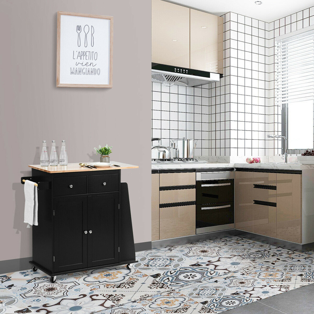 Costway Black Kitchen Island with Rubber Wood Countertop and Storage on Wheels Image 5