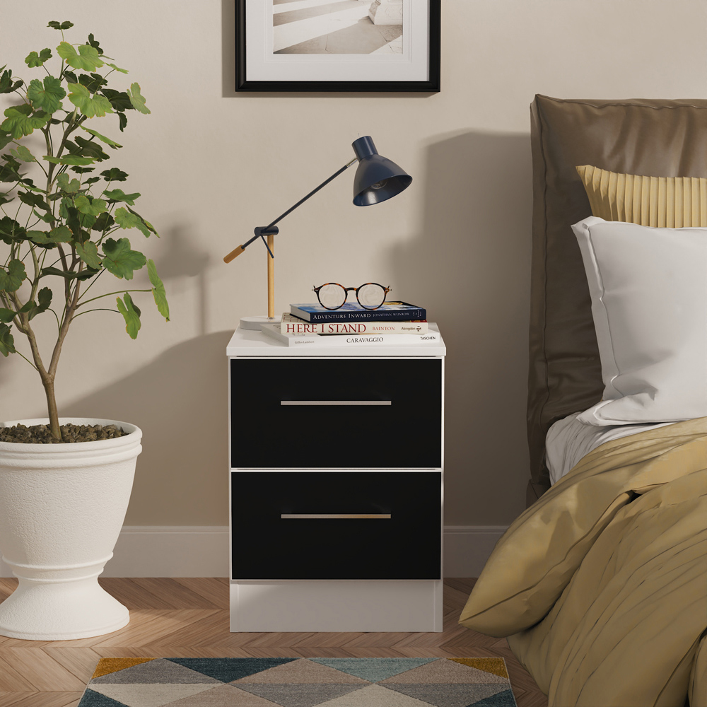 Crowndale Worcester 2 Drawer Matt Black and White Compact Bedside Cabinet Ready Assembled Image 6