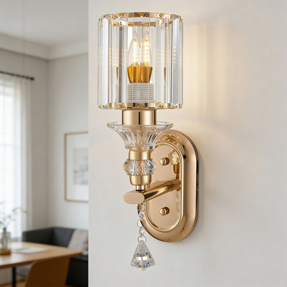 Living and Home Elegant Gold Metal and Crystal E27 Wall Light Image 7