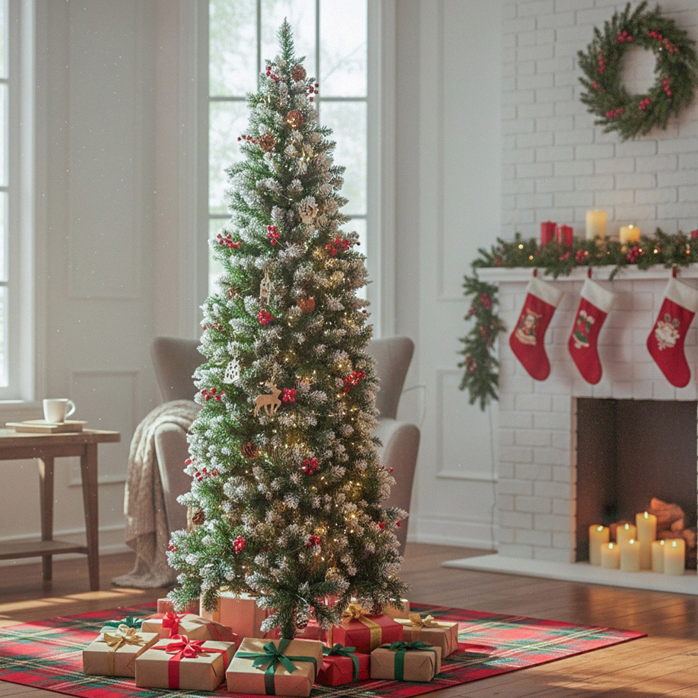 Living and Home Pine Cones and Red Berries Snow Flocked Artificial Christmas Tree 5.9ft Image 2