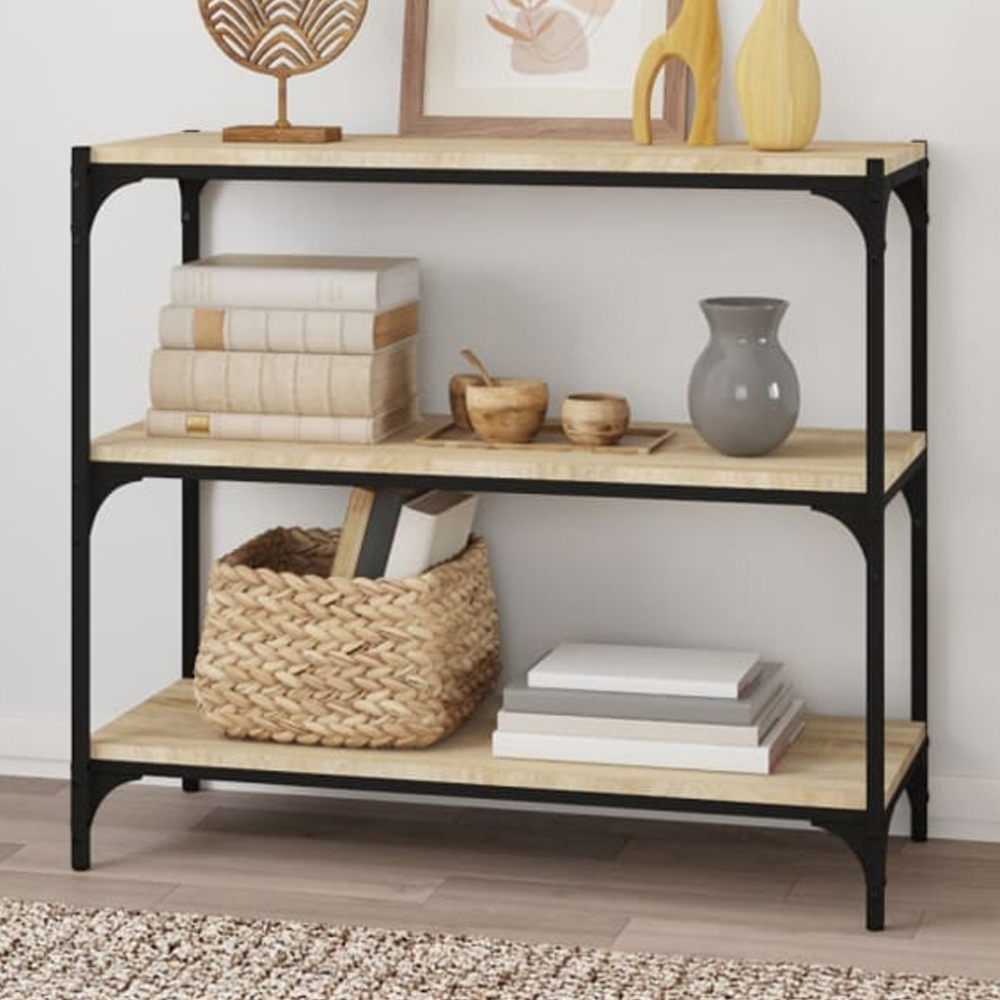 vidaXL 3 Shelf Sonoma Oak Wood and Steel Wide Bookcase Image 1
