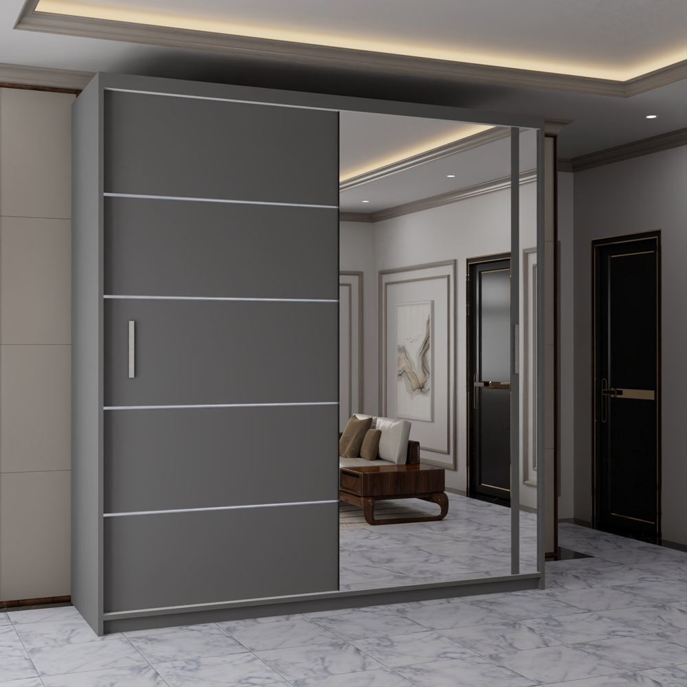 Sliding Wardrobes 4U 2 Sliding Door Grey Modern Mirrored Wardrobe with Adjustable Shelf Image 3