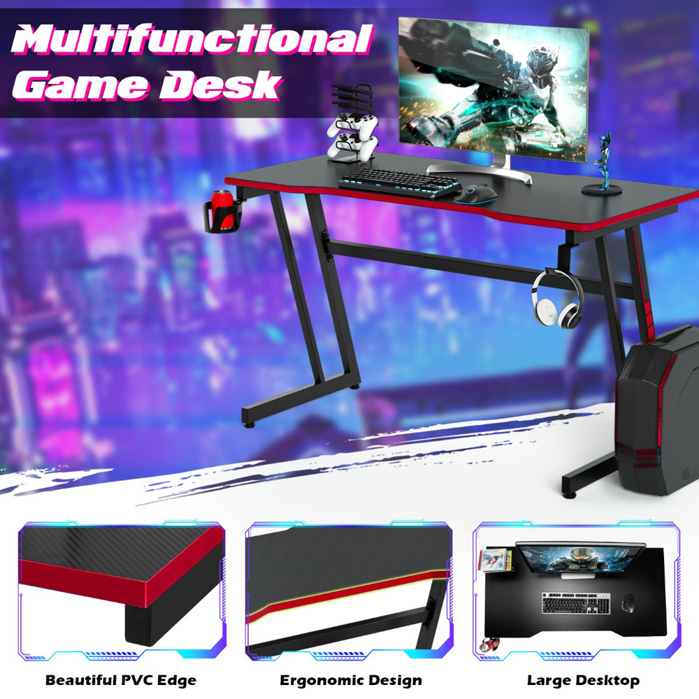Costway Z-Shaped Computer Desk with Headphone Hook and Cup Holder Red Image 6
