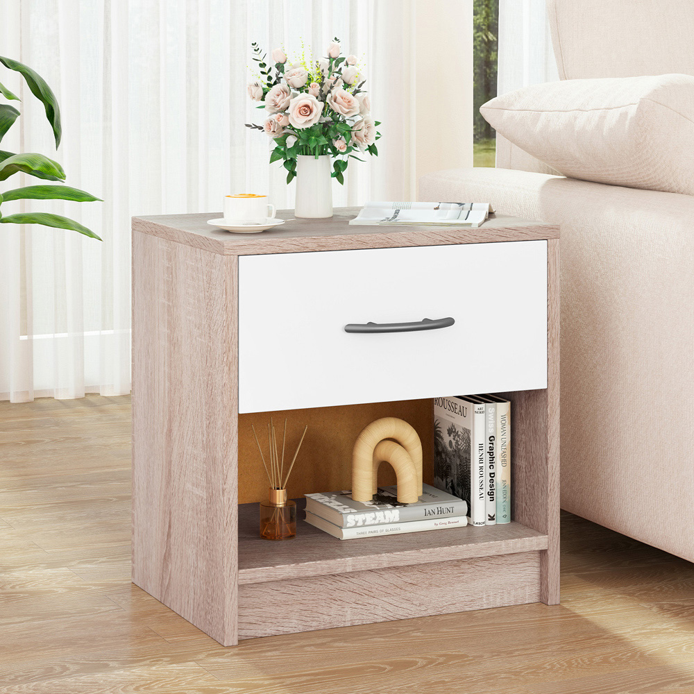 Costway Single Drawer Single Shelf Natural and White Nightstand Image 3