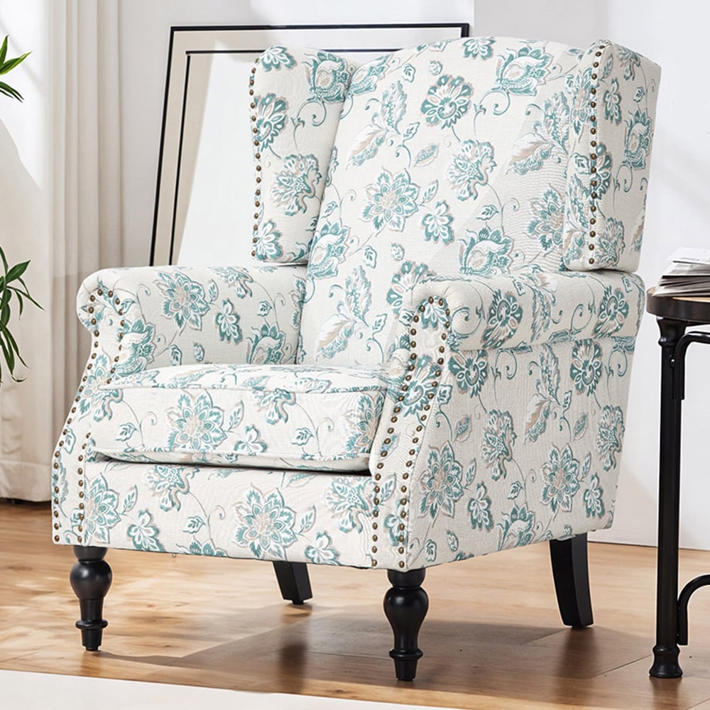 Living and Home White and Green Velvet and Linen Vintage Upholstered Armchair Image 1