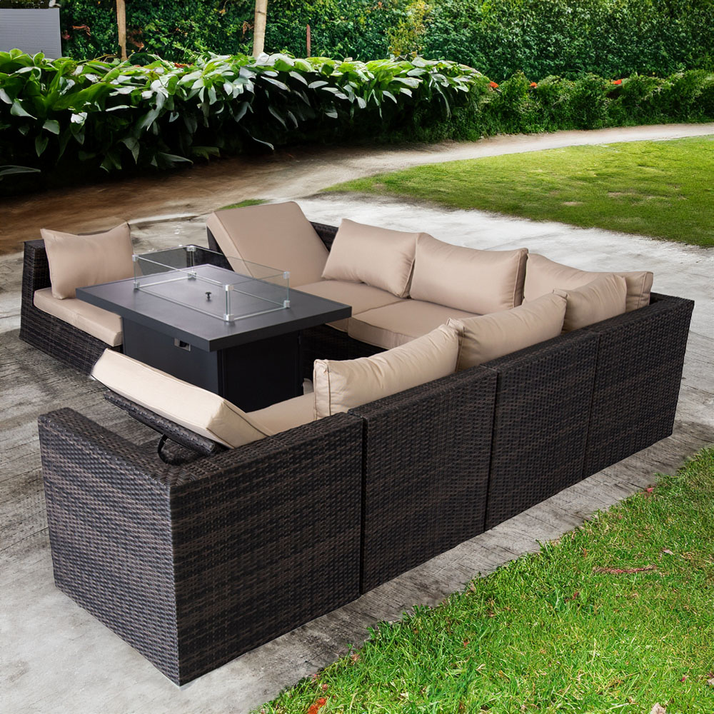 Furniture One 8 Seater Brown Rattan Modular Outdoor Recliner Sofa with Fire Pit Table Set Image 1