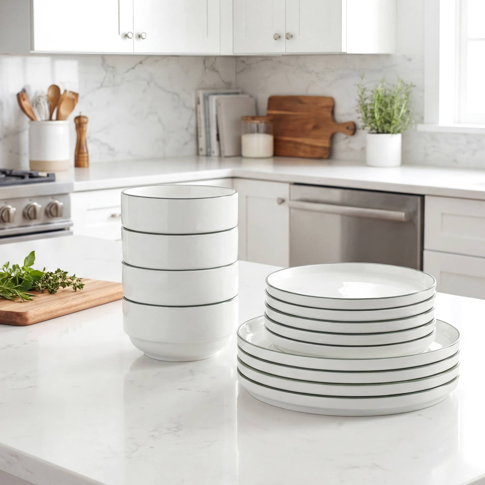 Waterside Green Rim White Stackable 12 Piece Dinner Set Image 7