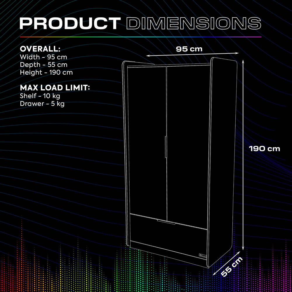 X Rocker Electra 2 Door Single Drawer LED White Wardrobe Image 9