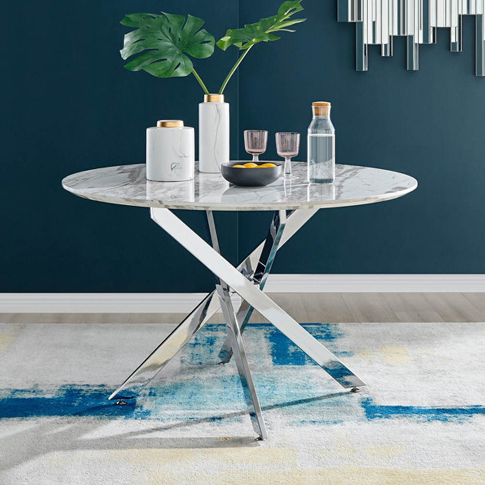 Furniturebox Arona Fortana Marble Effect 6 Seater Round Dining Set White Chrome and Black Image 8