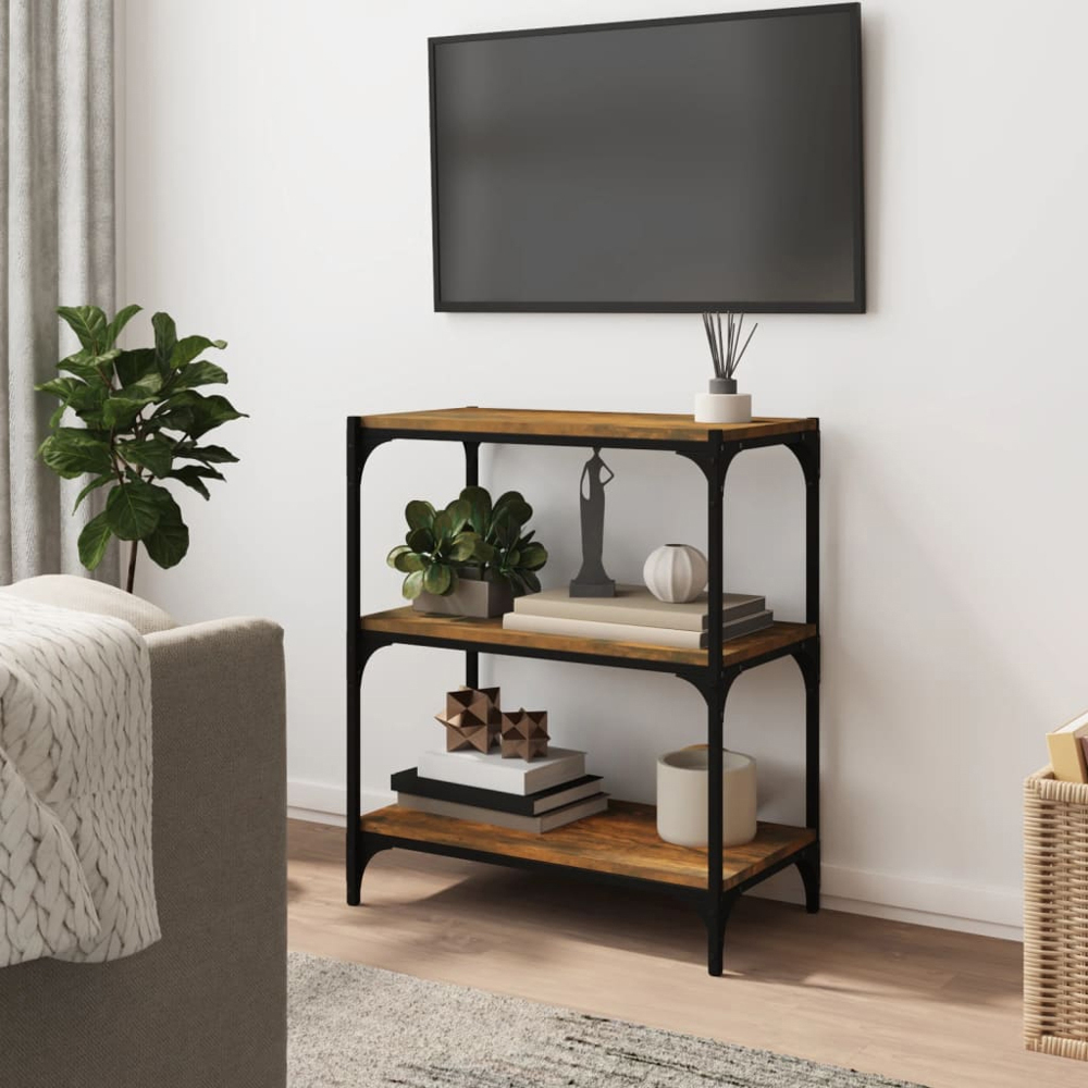 vidaXL 3 Shelf Smoked Oak Processed Wood and Steel Bookcase Image 7
