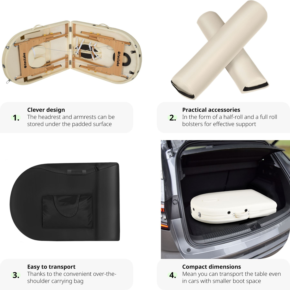 Massage Table - oval, 3-zone bed, with bolsters, carry bag, head- and armrests - Beige Image 3