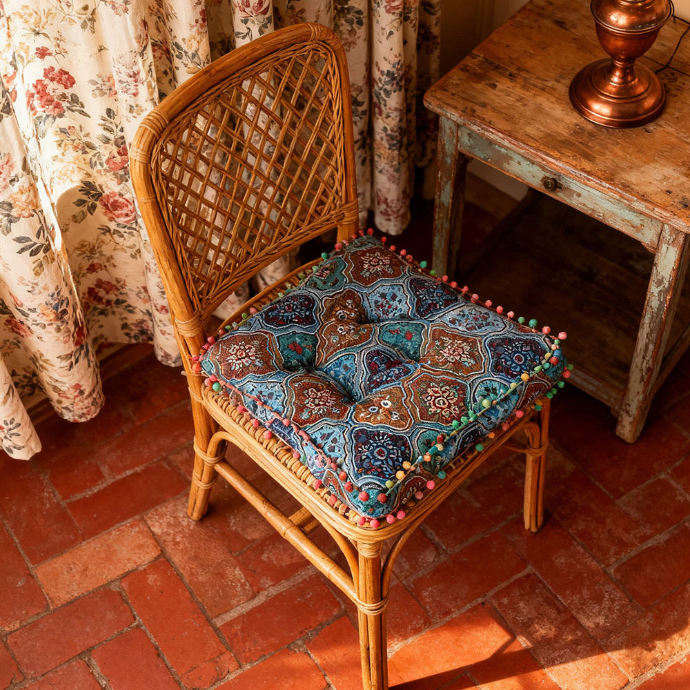 Living and Home Blue Turkish Style Square Seat Cushion with Pom Pom Trim 40 x 40cm Image 6