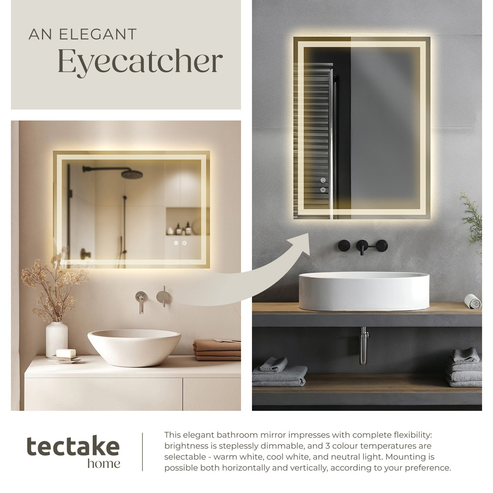 tectake Clara Multicolour Anti-Fog Frameless Rectangular LED Bathroom Wall Mirror 70 x 50cm Image 5