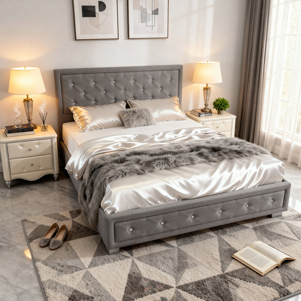 Brooklyn King Size Silver Crushed Velvet Fabric Diamante Ottoman Bed Image 4