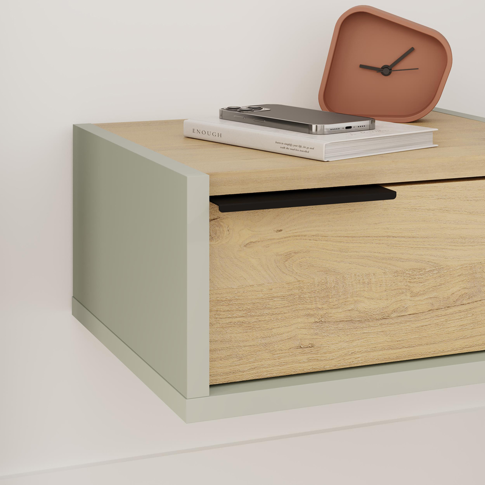 Decortie Eco Single Drawer Ash Green Wall Mounted Bedside Table Image 5