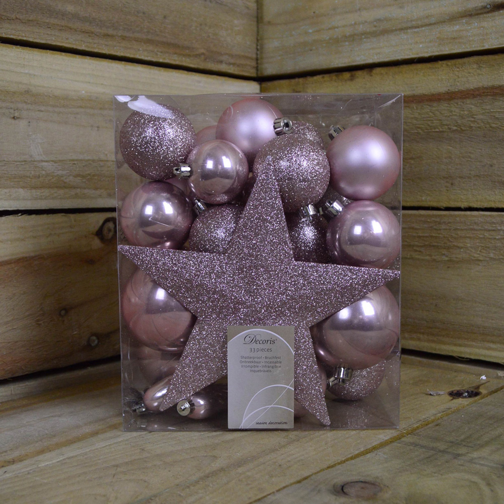 Samuel Alexander Blush Pink Assorted Shatterproof Christmas Baubles with Star Tree Topper 33 Pack Image 6