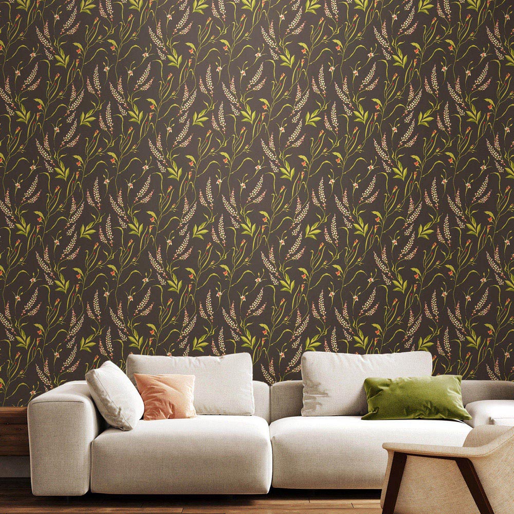 Hoopla Walls Oasis Springtime Meadow Charcoal and Coral Wallpaper Image 2