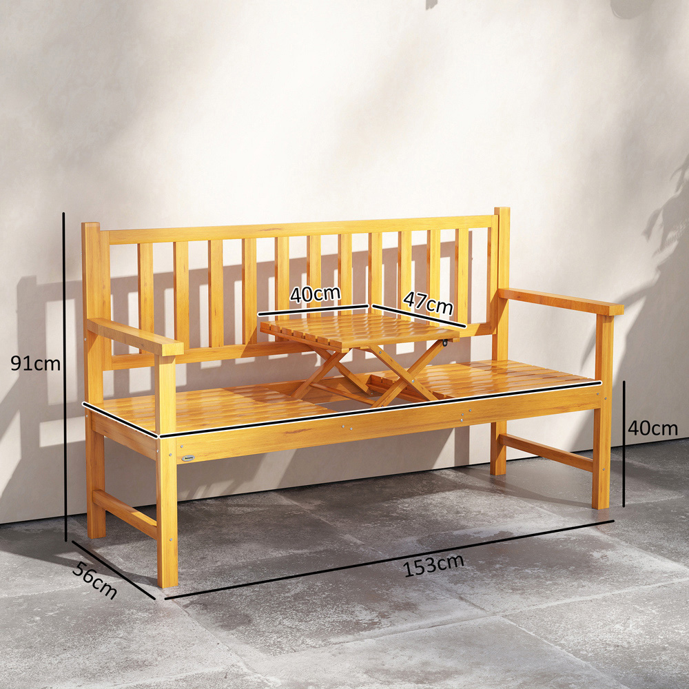 Outsunny 2 Seater Natural Wooden Garden Bench with Liftable Middle Table Image 8