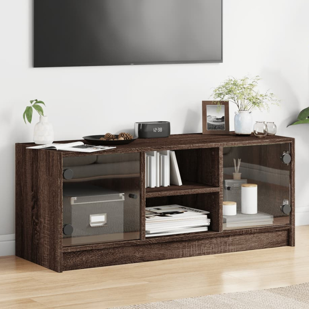 vidaXL 2 Glass Door 2 Shelf Brown Oak TV Cabinet Image 1