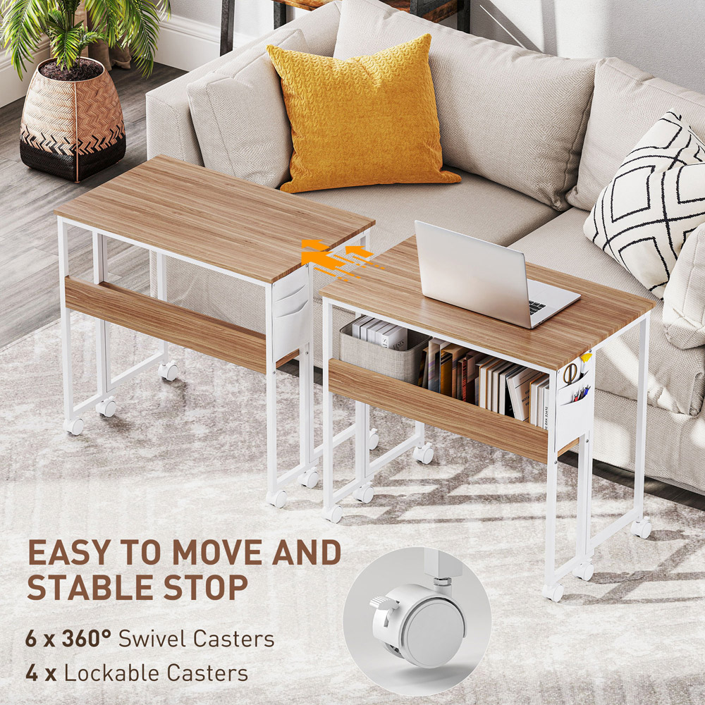 HOMCOM Single Shelf Foldable Computer Desk with Wheels and Side Bag Natural Image 6