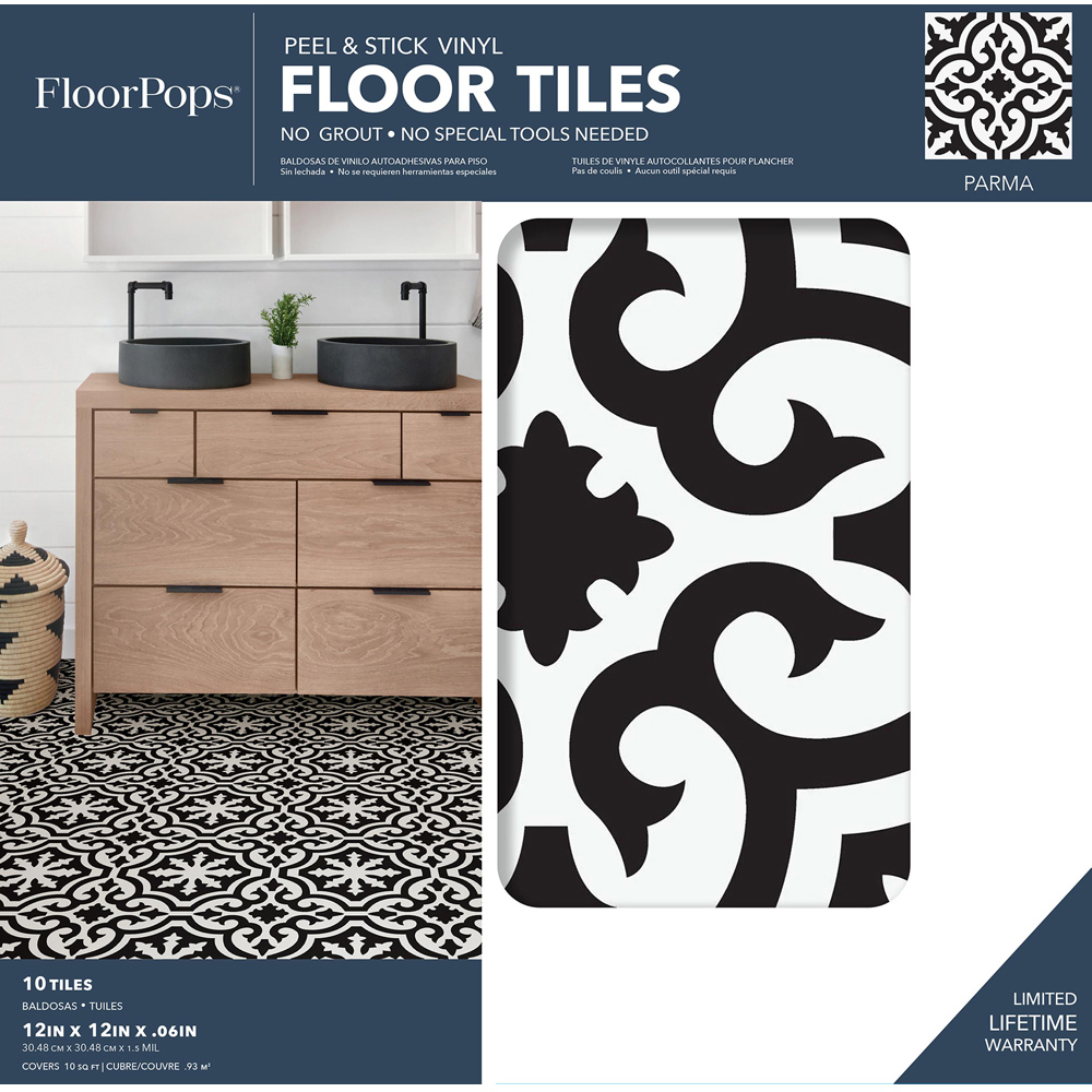 Floorpops Parma Black and White Peel and Stick Floor Tile 30.48 x 30.48cm 10 Pack Image 8