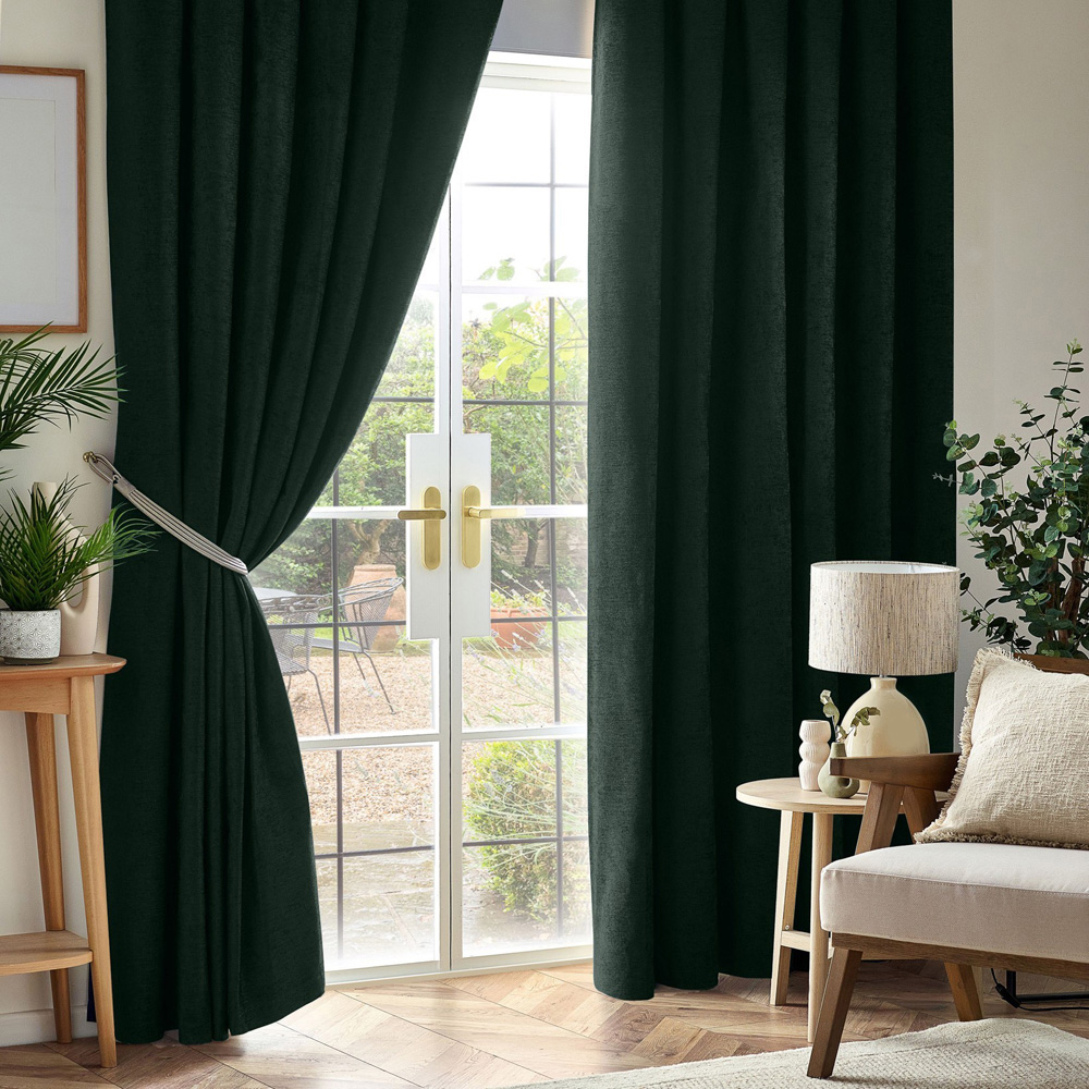 Alan Symonds Green Chenille Blackout Pencil Pleat Curtains 117cm x 183cm Image 1