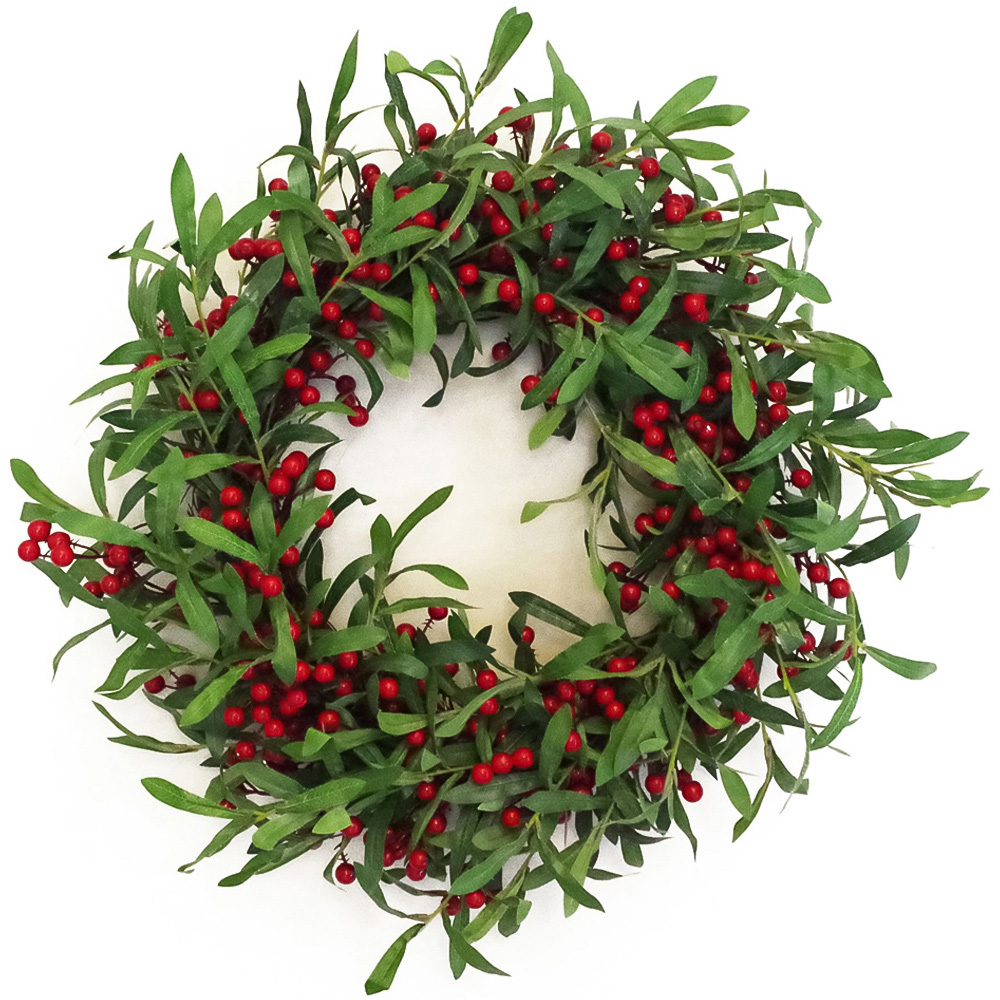 Botanik Floristry Artificial Christmas Wreath with Mistletoe Leaf and Red Berry 60cm Image 1