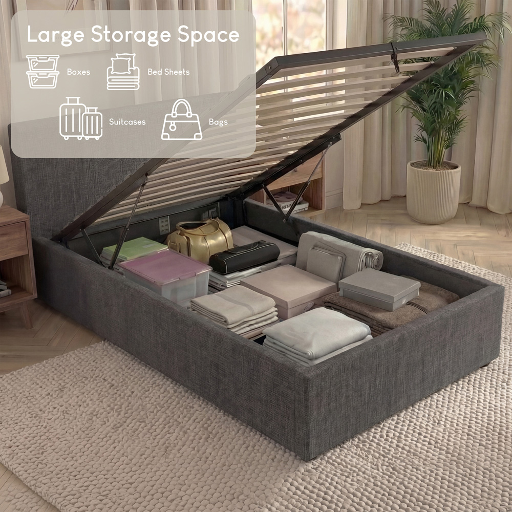 VIDA DESIGNS Veronica Single Dark Grey Linen Ottoman Bed with Padded Headboard Image 5