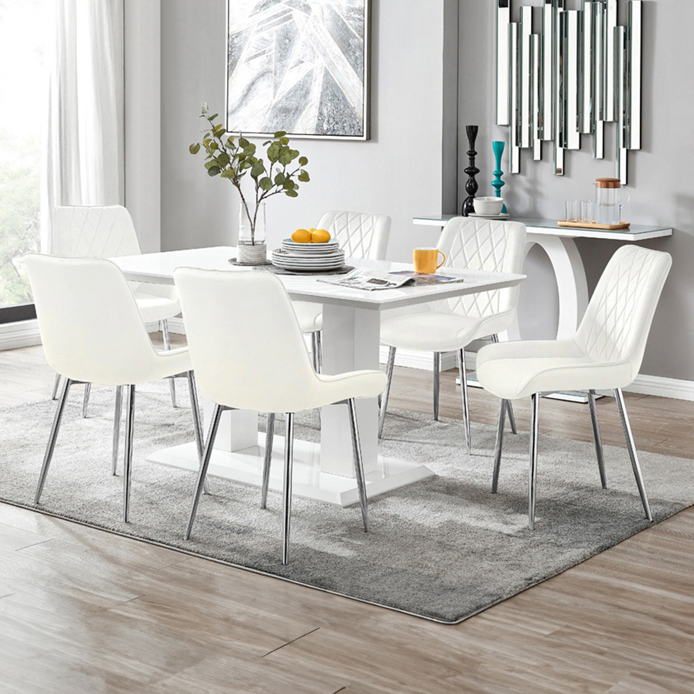Furniturebox Molini Cesano 6 Seater Dining Set White Gloss Cream and Chrome Image 1