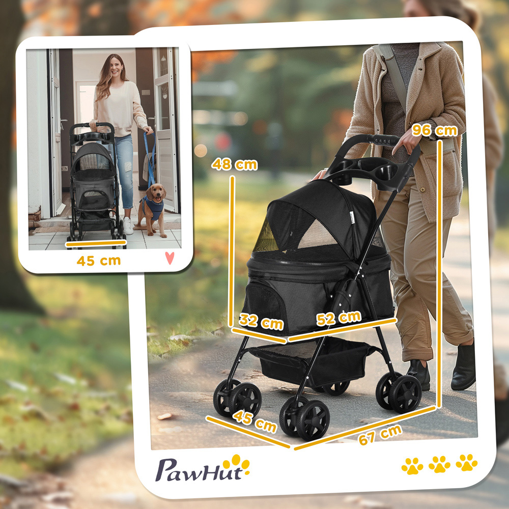 PawHut Foldable Black Pet Stroller with Canopy Image 7